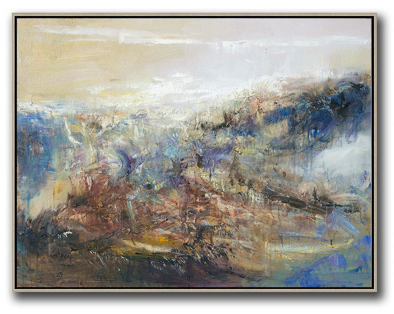 Abstract Landscape Oil Painting,Large Contemporary Art Canvas Painting Light Yellow,Brown,Blue,White